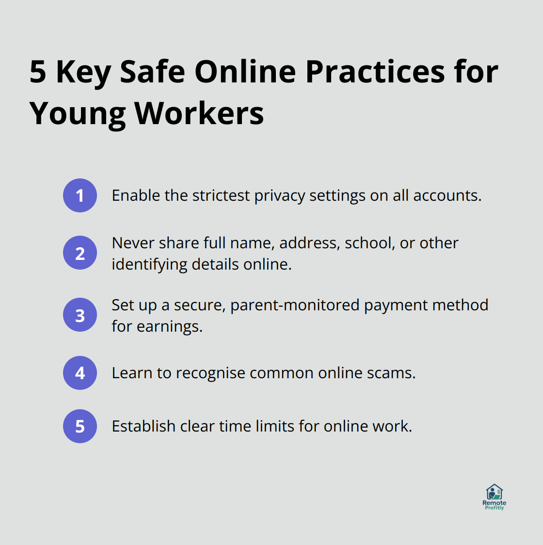 A list of 5 essential safe online practices for young online workers, including privacy settings, personal information protection, secure payment methods, scam recognition, and time limits. - jobs for 11 year olds to make money online
