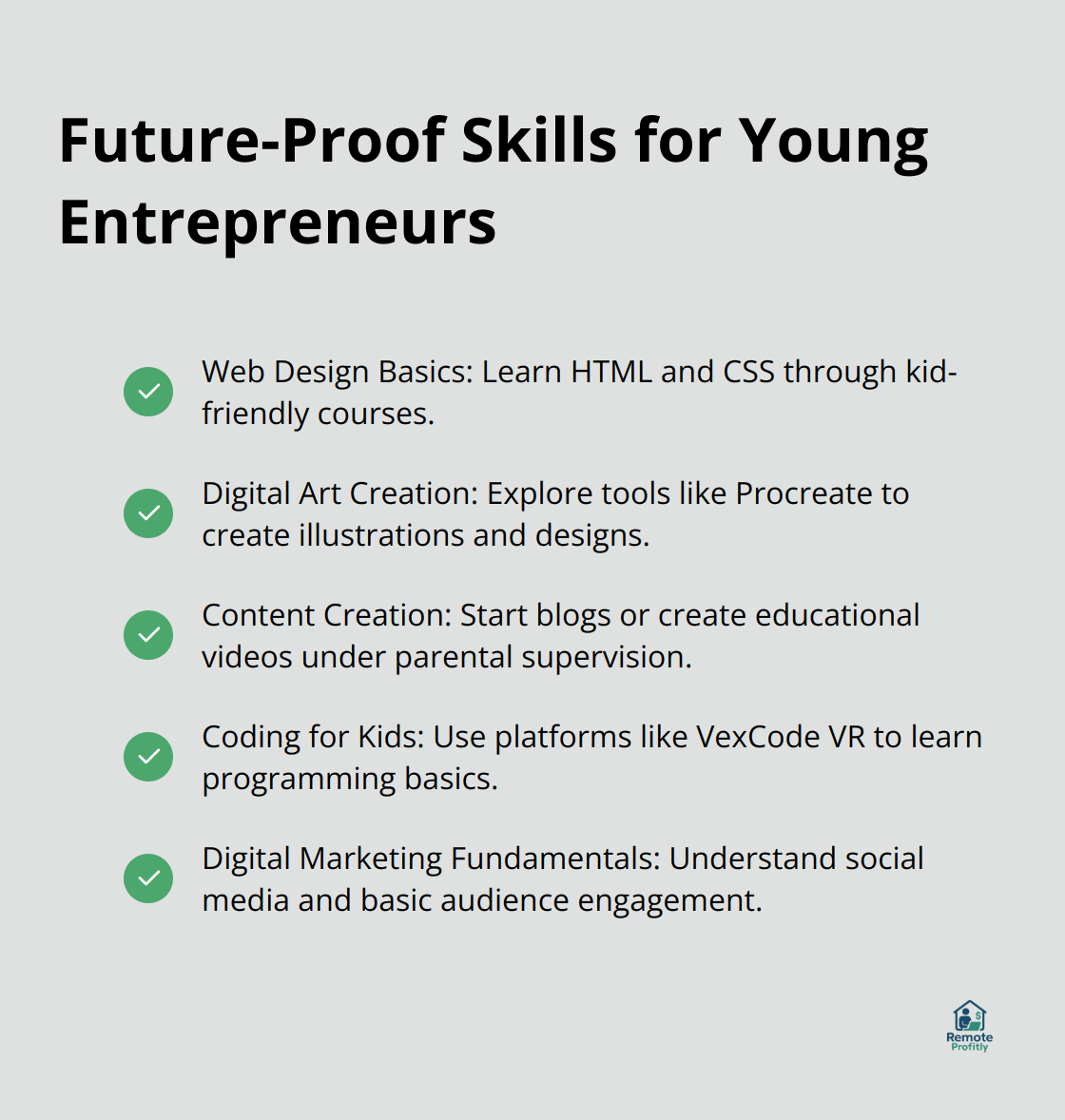 A checklist of future-proof skills for young entrepreneurs, including web design basics, digital art creation, content creation exploration, coding for kids, and digital marketing fundamentals.