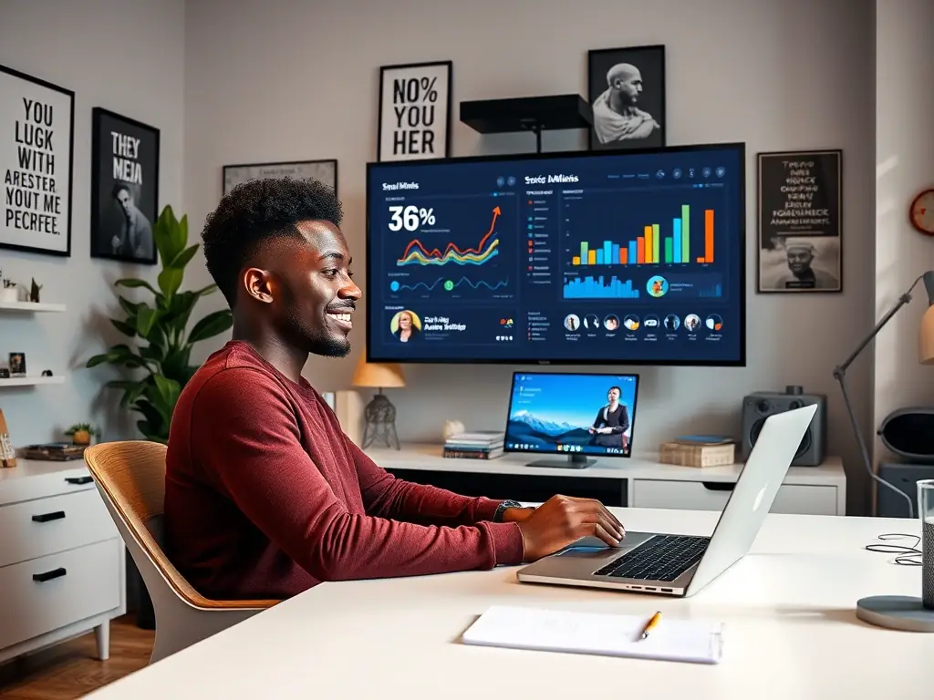 A person participating in a video call, showcasing a collaborative remote work environment, with social media analytics dashboards visible in the background.