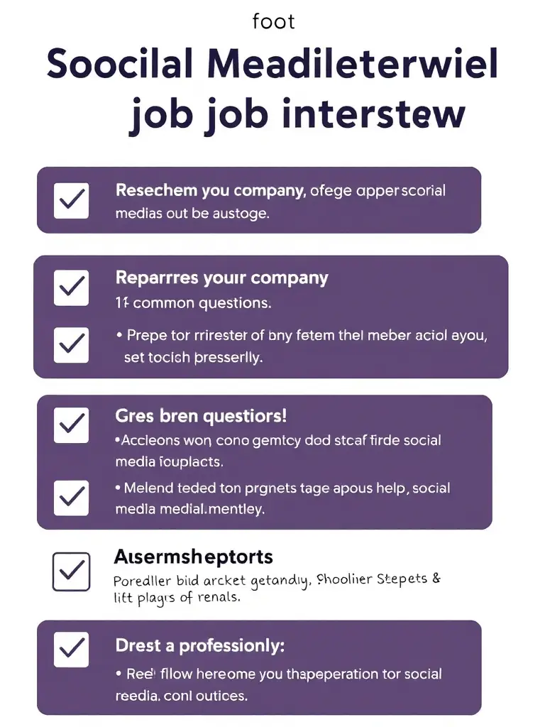 A checklist outlining key steps for preparing for a social media job interview, including researching the company, preparing answers to common questions, and dressing professionally.