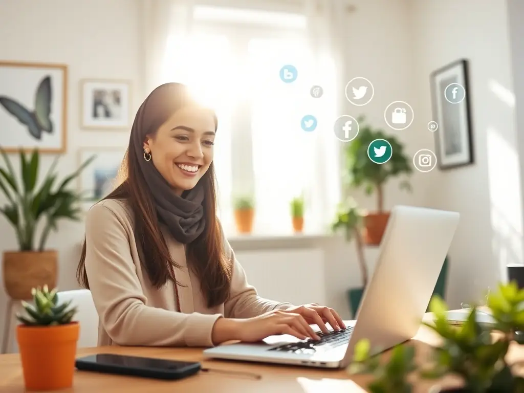 A person smiling and working on a laptop at a bright, modern home office, with social media icons subtly floating in the background, representing the diverse range of social media jobs available.