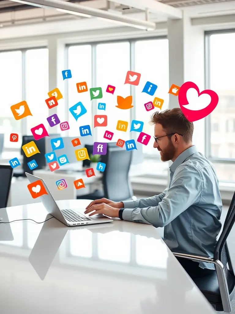 A professional headshot of a social media manager working remotely at a modern desk with a laptop and multiple monitors, smiling confidently.