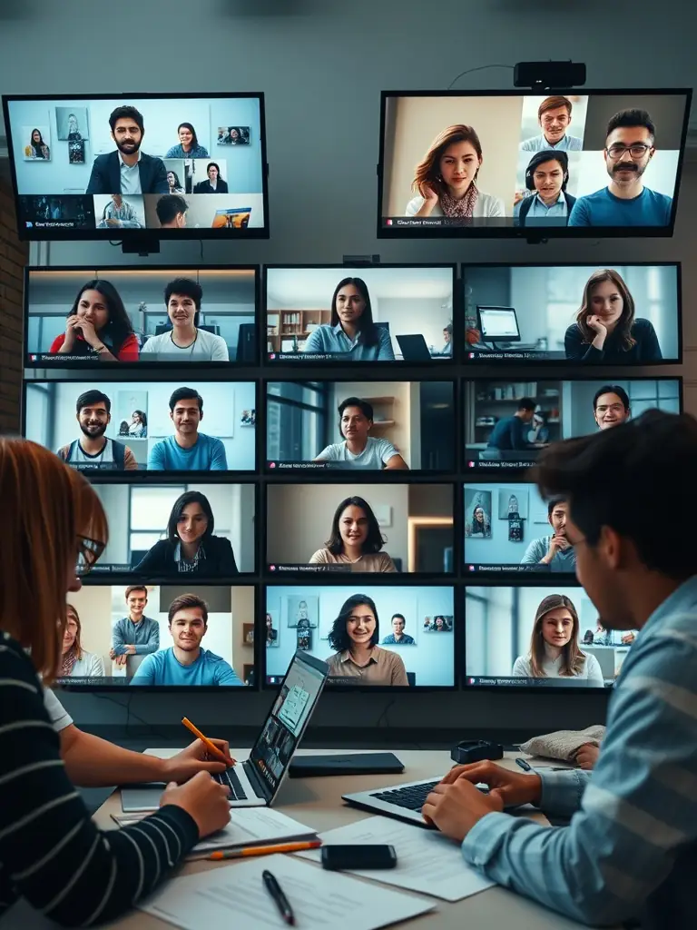 A diverse team collaborating virtually through a video conference call, showcasing teamwork and communication in a remote setting.