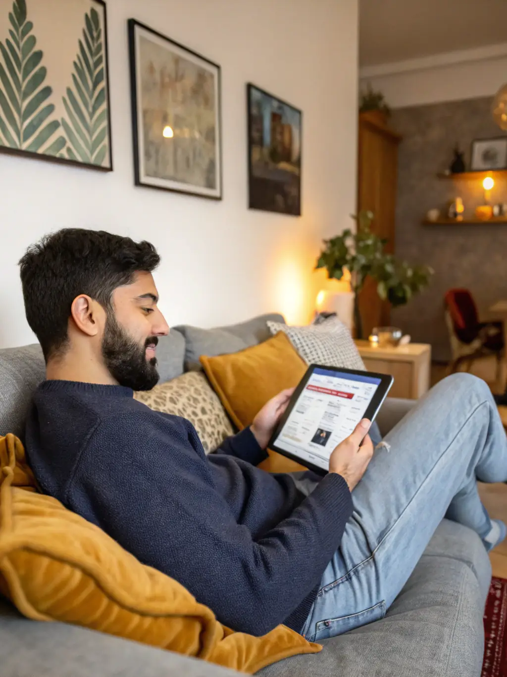A person sitting on a couch, using a tablet to browse social media job listings, with a relaxed and focused expression.