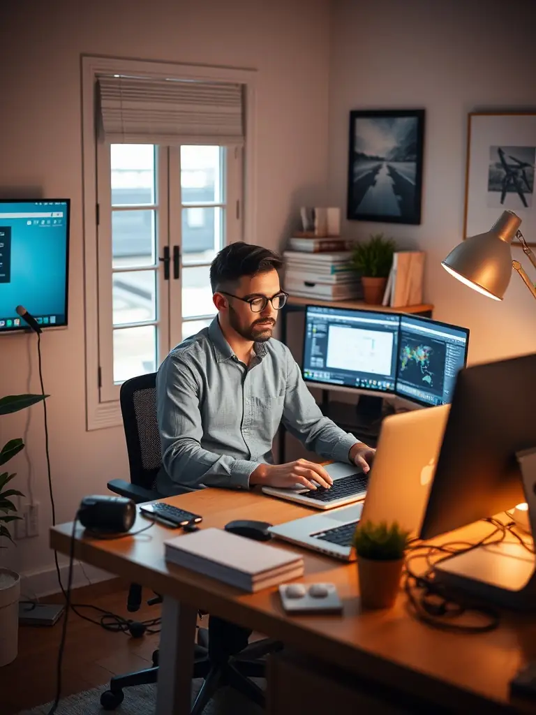 A person working on a laptop at a desk with multiple monitors, showcasing a professional and productive remote work setup.
