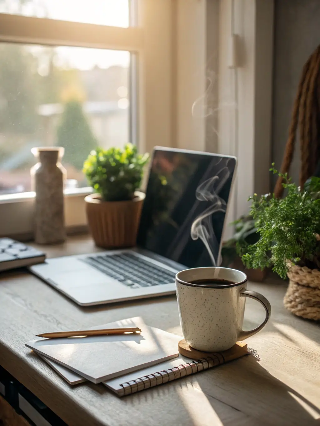 A person happily working on a laptop at a bright, modern home office, with a cup of coffee and a cat nearby, symbolizing a comfortable work-from-home environment.