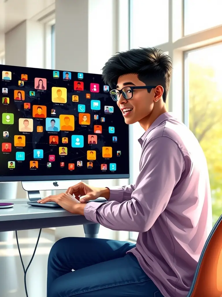 A graphic illustration of a person working on a laptop with social media icons floating around, symbolizing online community management.