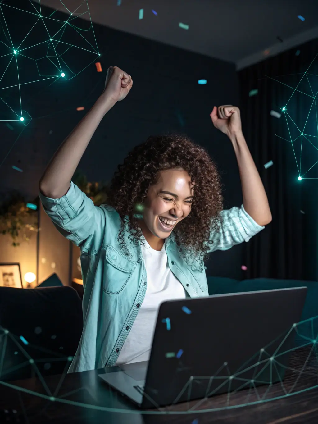 A person confidently celebrating a new job offer, representing the success and satisfaction achieved through SolidGigs.