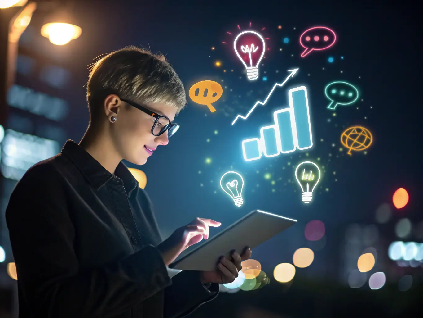 A person happily managing multiple social media accounts on a tablet and smartphone, showcasing the engagement and enjoyment of working on familiar platforms.