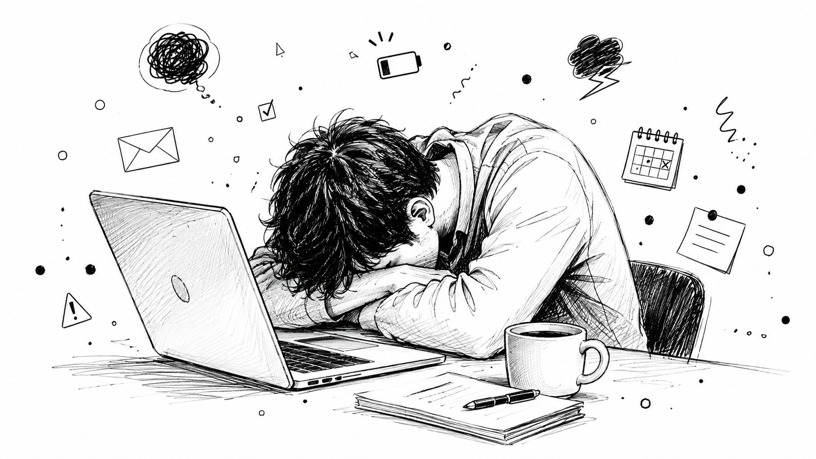 A distressed person with their head down on a desk next to a laptop, representing job hunting burnout.