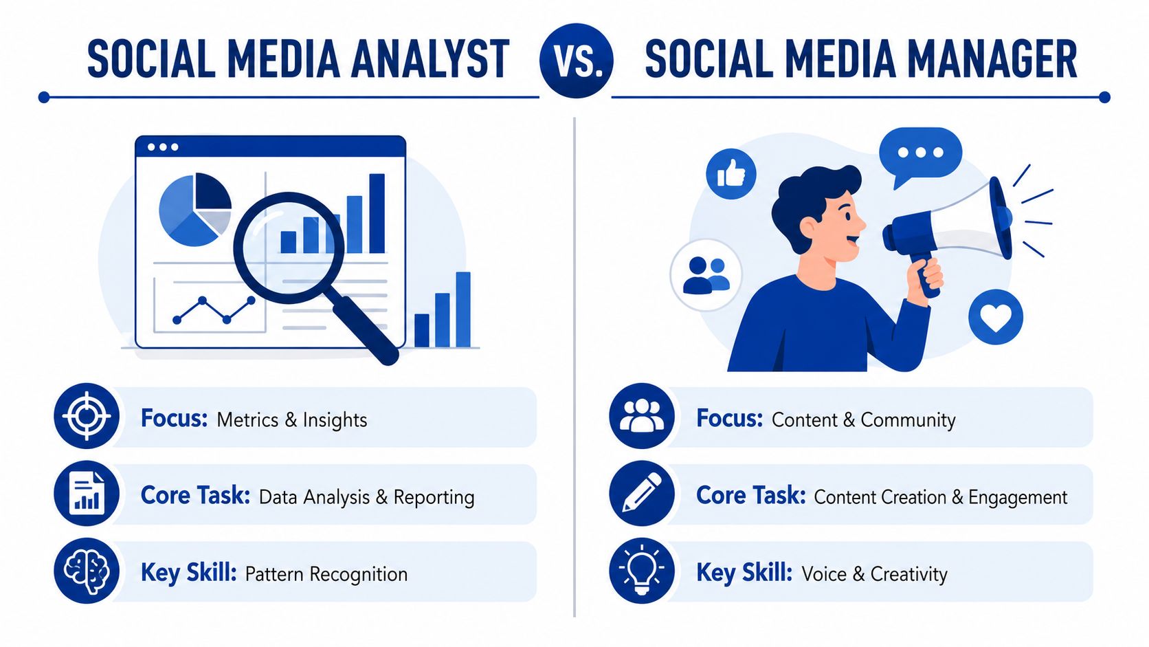 A comparison infographic between the roles of a social media analyst and a social media manager.