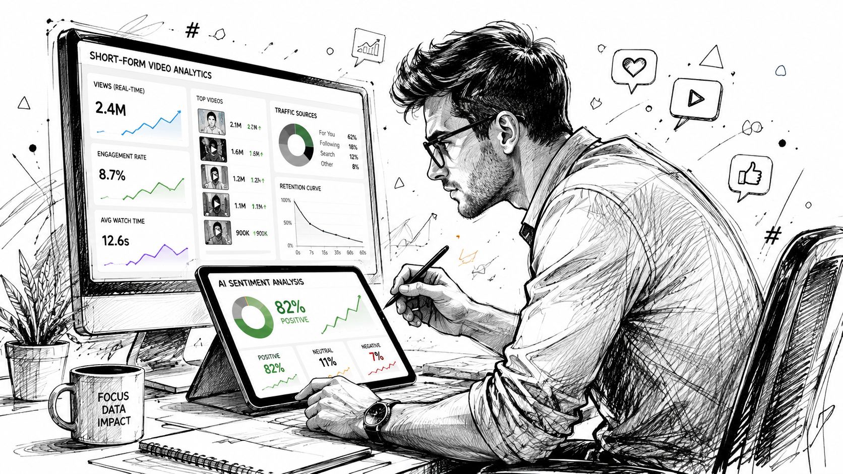 A social media analyst reviewing video performance data and sentiment metrics on a desktop monitor and tablet.