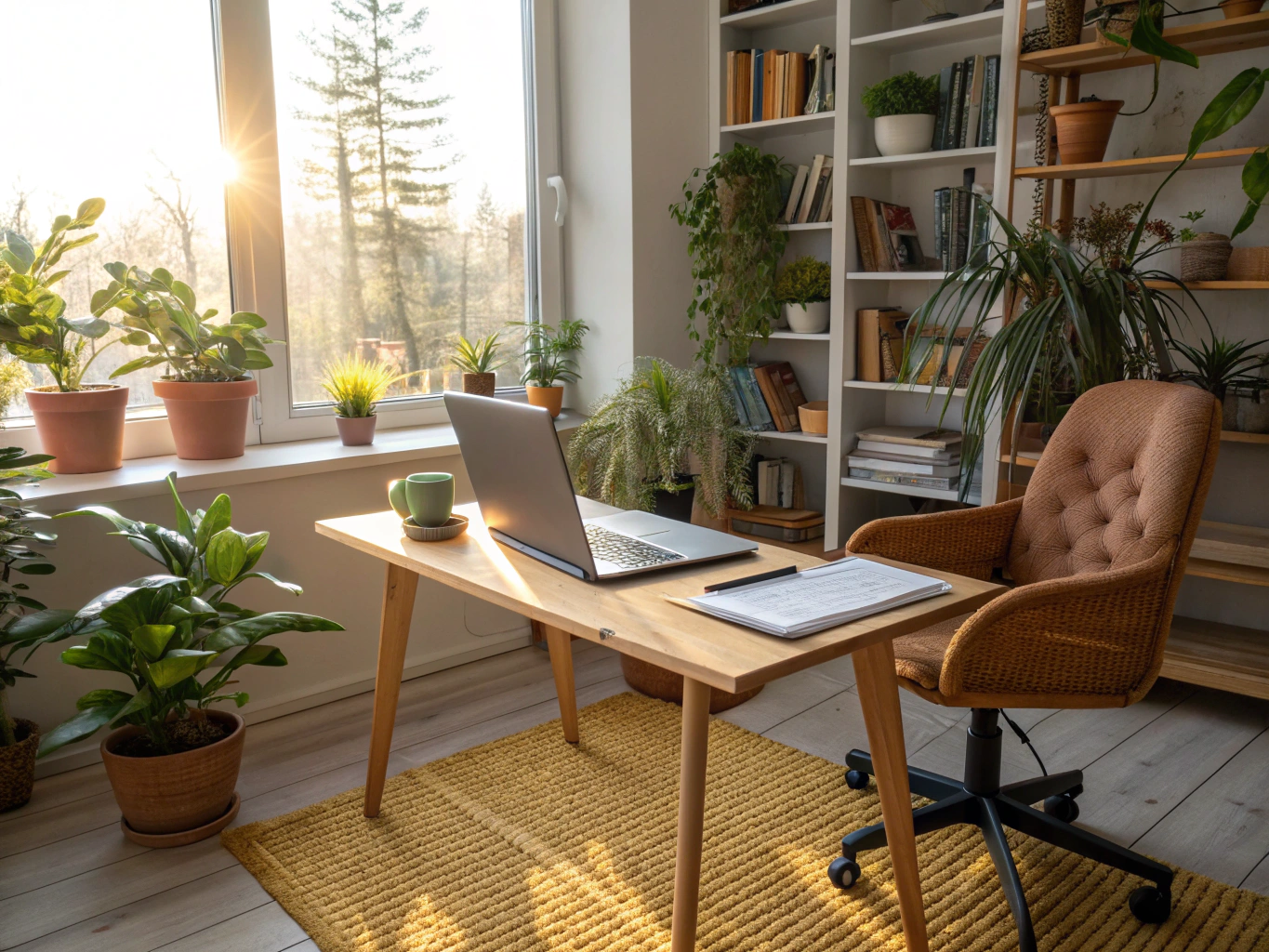 Clean modern home office bathed in warm natural sunlight with wooden desk and plants