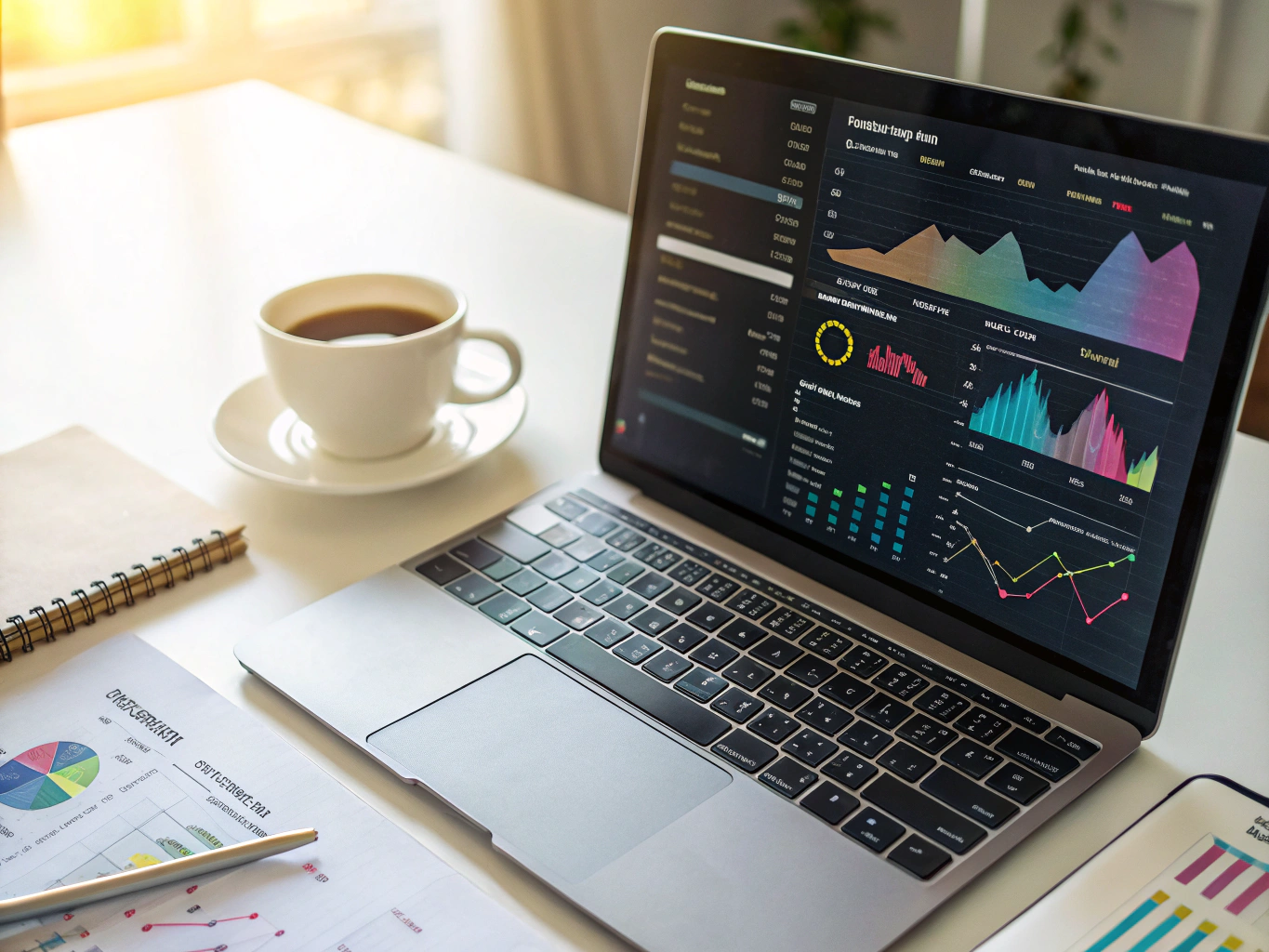 Editorial research notes and performance metrics on a computer monitor