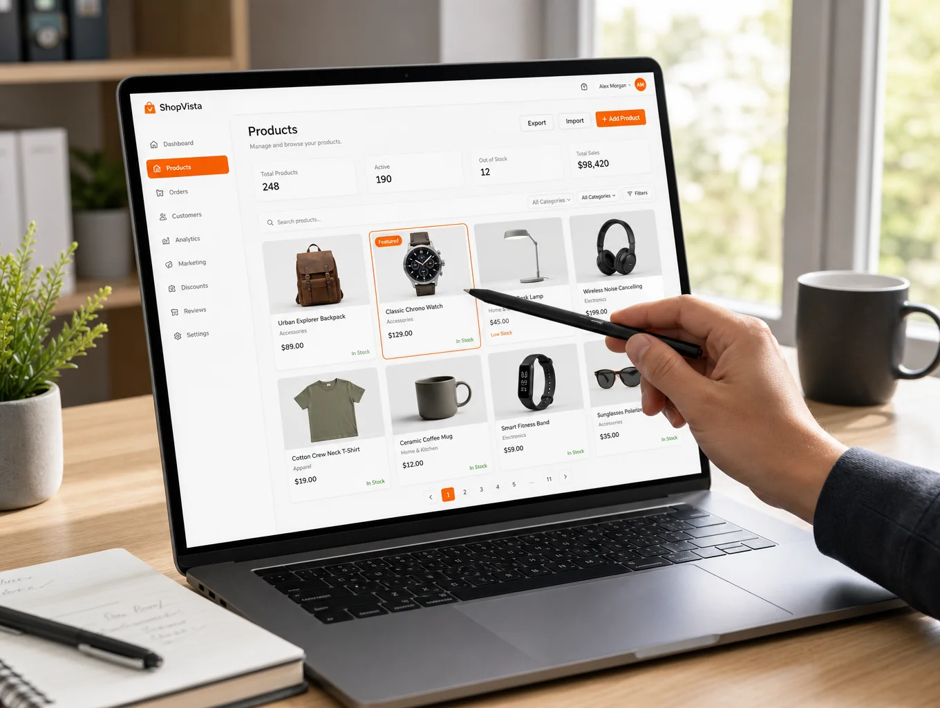 Reviewing store analytics and customer fulfillment logs on a laptop