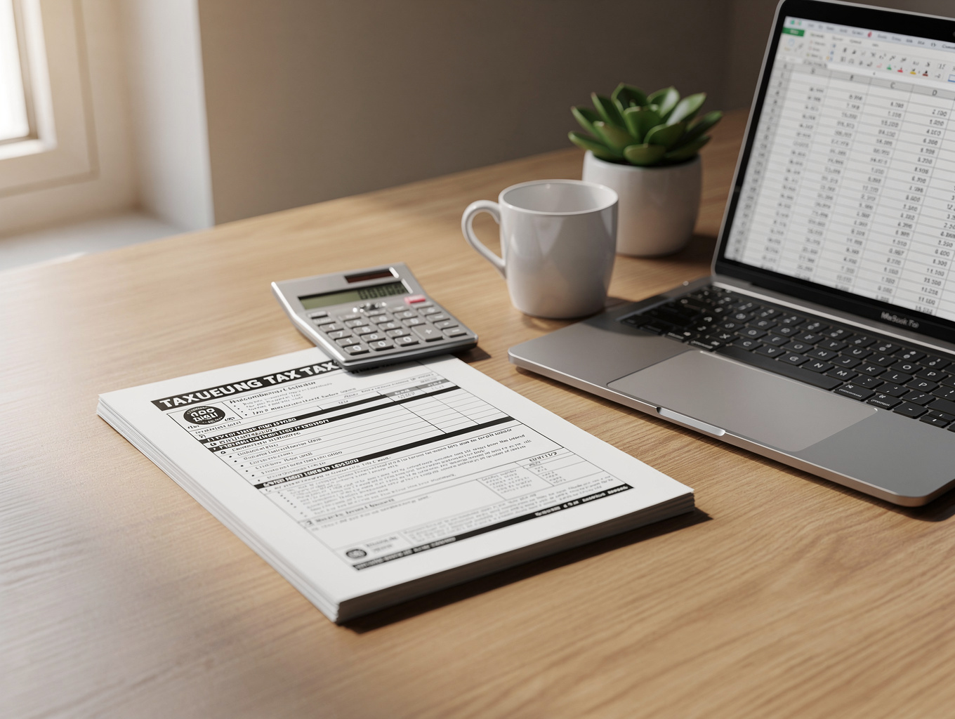 Calculator, notebook, and clean financial spreadsheet open on a desk