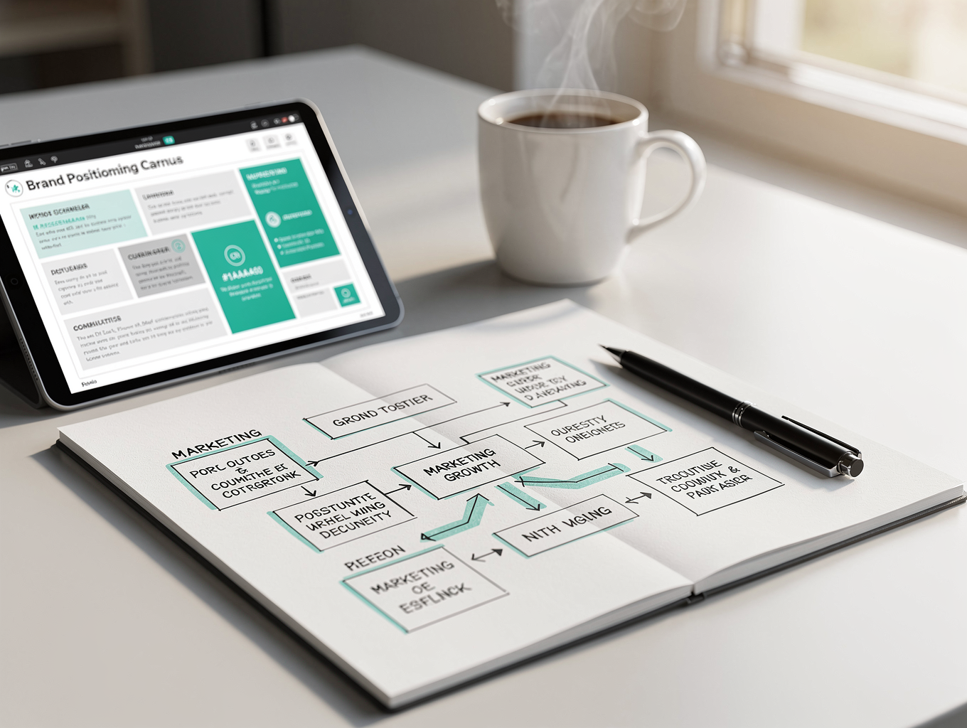 Strategic planning journal and coffee beside a tablet displaying charts