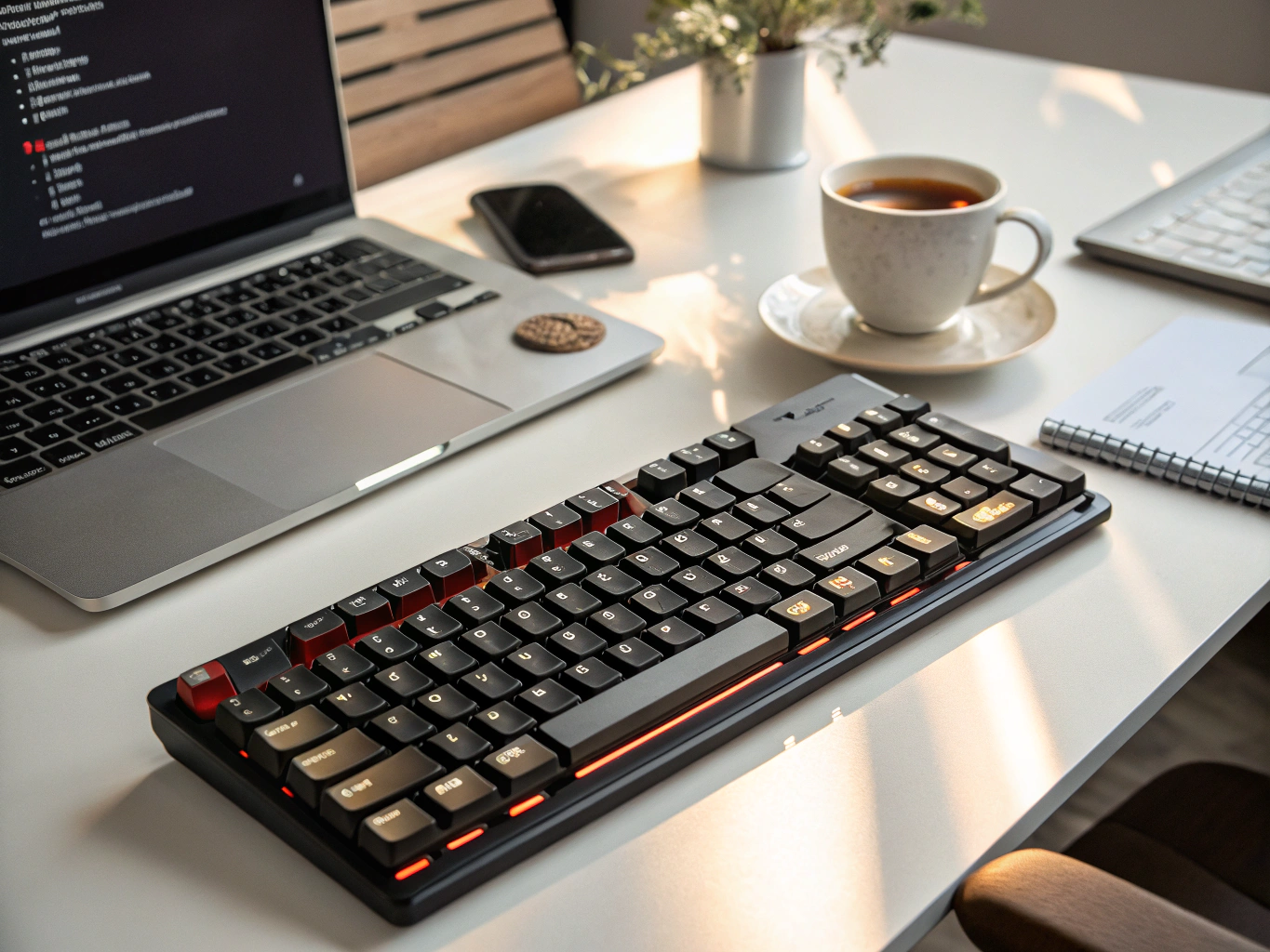 Ergonomic workspace setup with keyboard, mouse, and productivity software interface